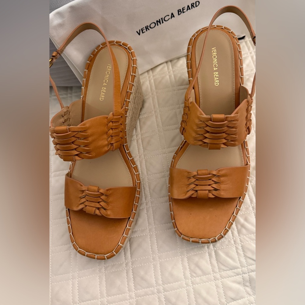 Veronica Beard Riya Leather Espadrille Wedge Sandals - Tan, Size 10 (Brand New)